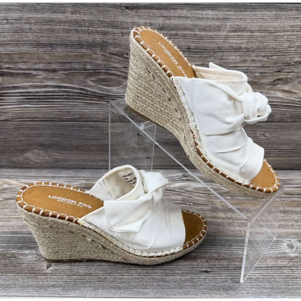 London Fog Womens SIZE 7.5M Heidi Espadrille Wedge Sandals w/Knotty Bow Ivory